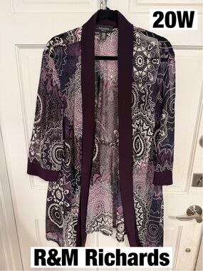 R&M Richards Purple Printed Open Front Kimono Overlay